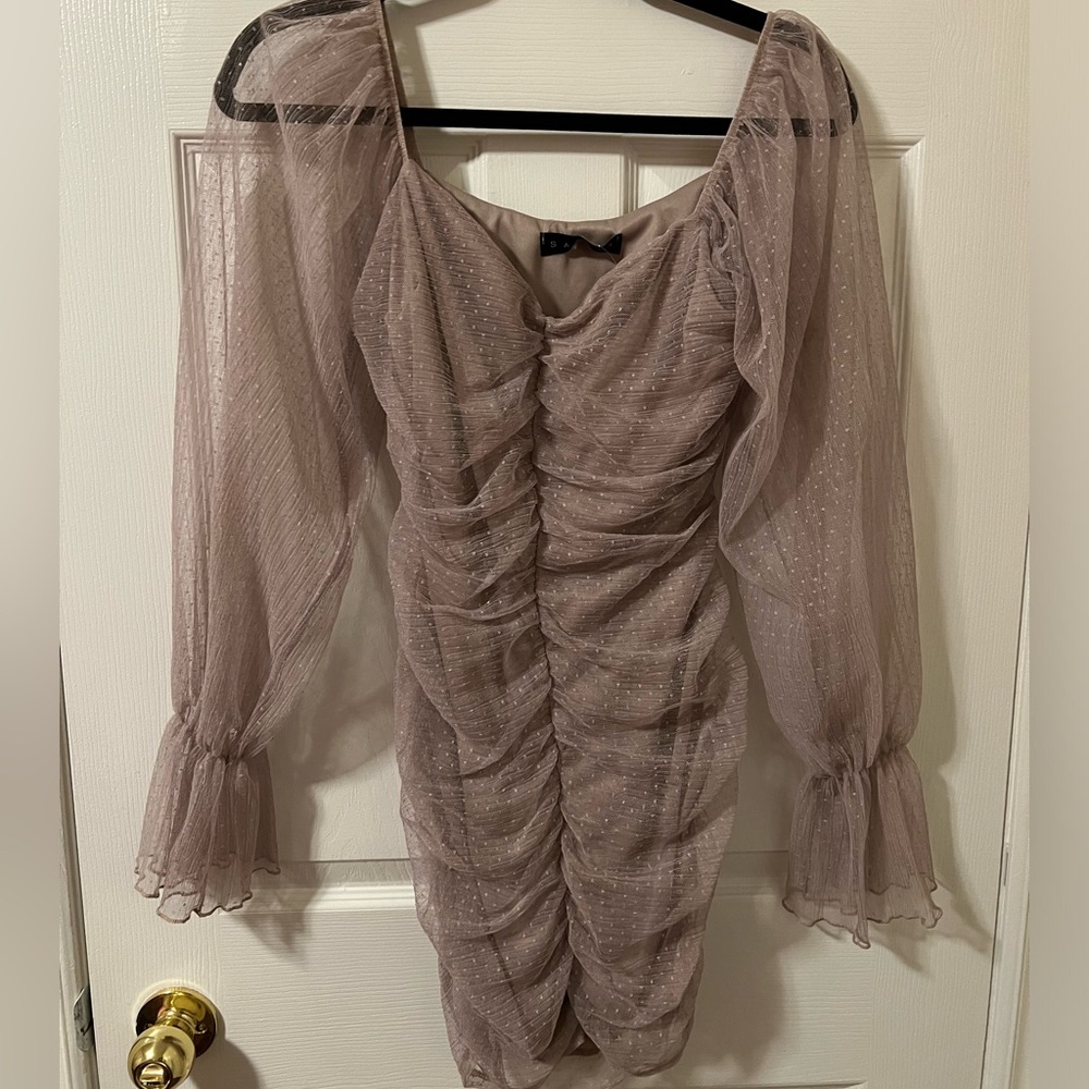 Mink brown fitted dress with sheer sleeves